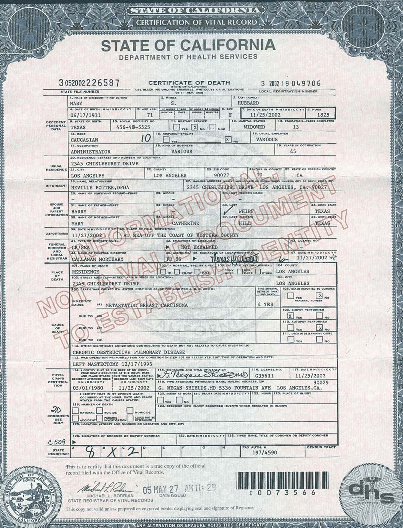 Death Cert of Mary Sue Hubbard
